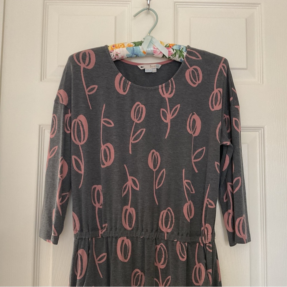 Boden Dress Hettie Tulip Pattern Gray Pink Pockets 3/4 Sleeve Elastic at Waist 6